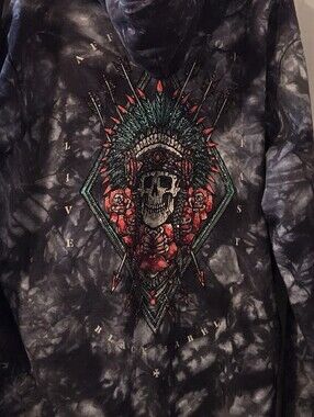 Affliction Men's Black Tie-Dye Crewneck  Hpodie with Red & Green Skull Graphic